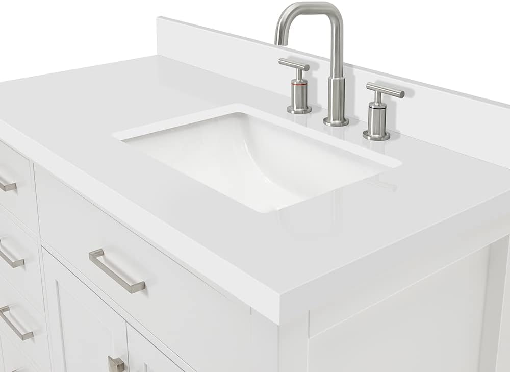 DKB Alenza 42-Inch White Single Bathroom Vanity with Right Rectangular Sink, 1.5' Pure White Quartz Countertop, 2 Soft Closing Doors, 4 Full Extension Dovetail Drawers, Polished Chrome