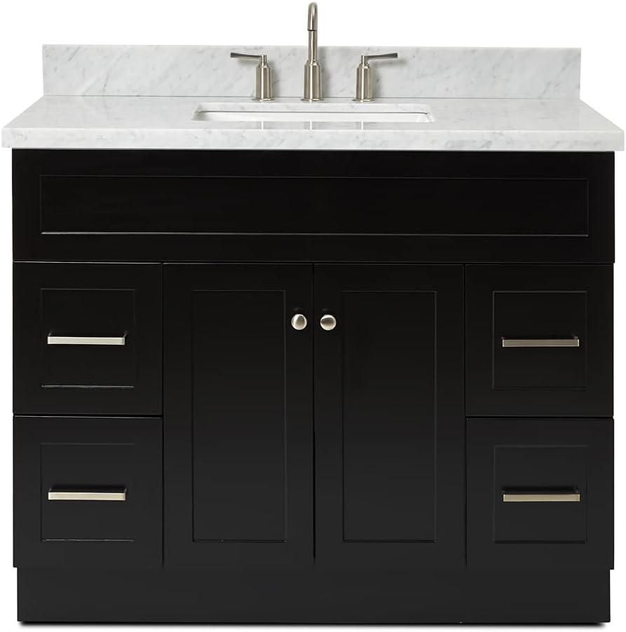 ARIEL 42' White Bathroom Vanity with Sink, 1.5' Edge Italian Carrara Marble Countertop, Rectangular Sink, 2 Soft Closing Doors, 4 Dovetail Drawers, Brushed Nickel