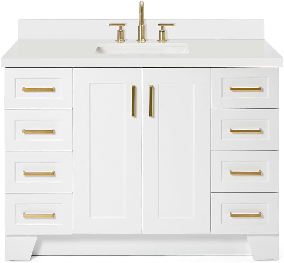 ARIEL Taylor 48-inch Bathroom Vanity with Sink,Solid Wood, 1.5-inch Pure White Quartz Countertop & Backsplash, Single Rectangular Porcelain Sink, 2 Soft Closing Doors, 9 Dovetail Drawers, White