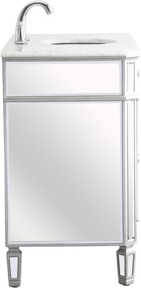 Pemberly Row 42' Marble Top Mirrored Bathroom Vanity, Antique Silver Finish, Rubberwood and MDF Base, Carrara White Marble Countertop, Porcelain Sink, Soft Close Drawers, 2 Doors, Free-Standing Design