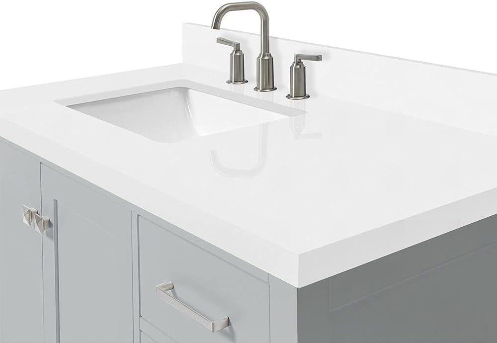 DKB Beckford 42-Inch Grey Bathroom Vanity with Sink, 1.5-Inch Pure White Quartz Countertop & Backsplash, Left Rectangular Undermount Sink, 2 Soft Closing Doors, 5 Dovetail Drawers, Brushed Nickel