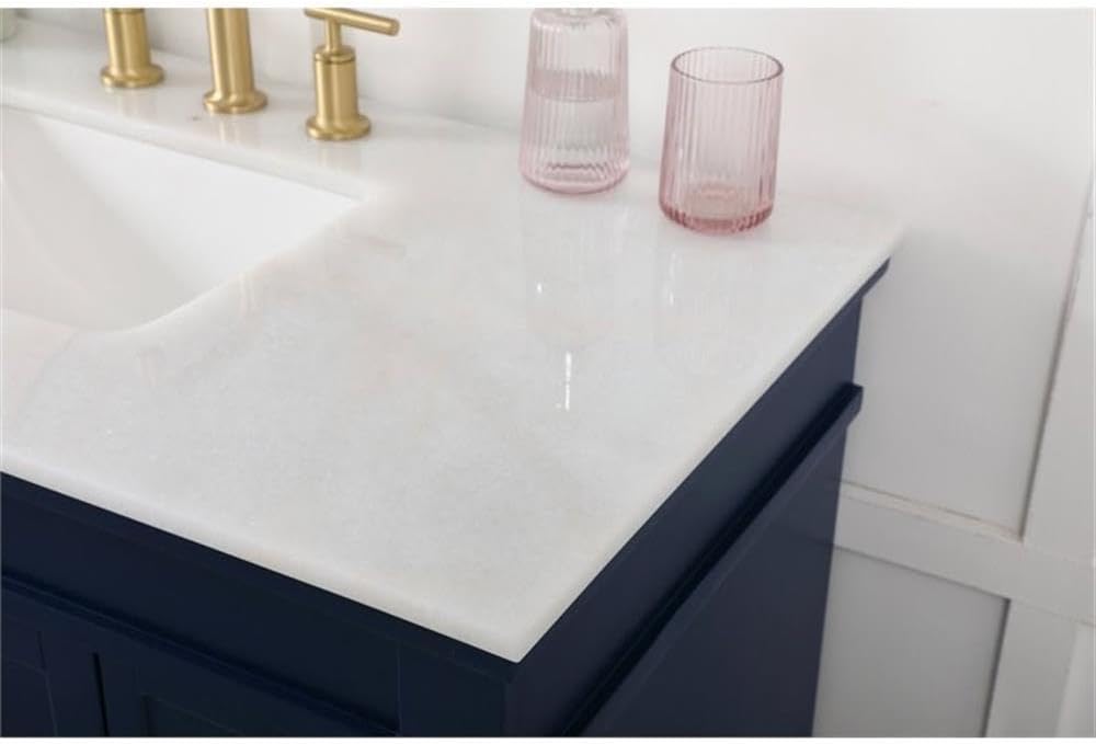 Pemberly Row Traditional 42' Solid Wood Bathroom Vanity, Blue Finish, Off White Marble Top, Porcelain Sink, 6 Soft Closing Drawers, Gold Hardware, Rectangle Design for Bathroom or Powder Room