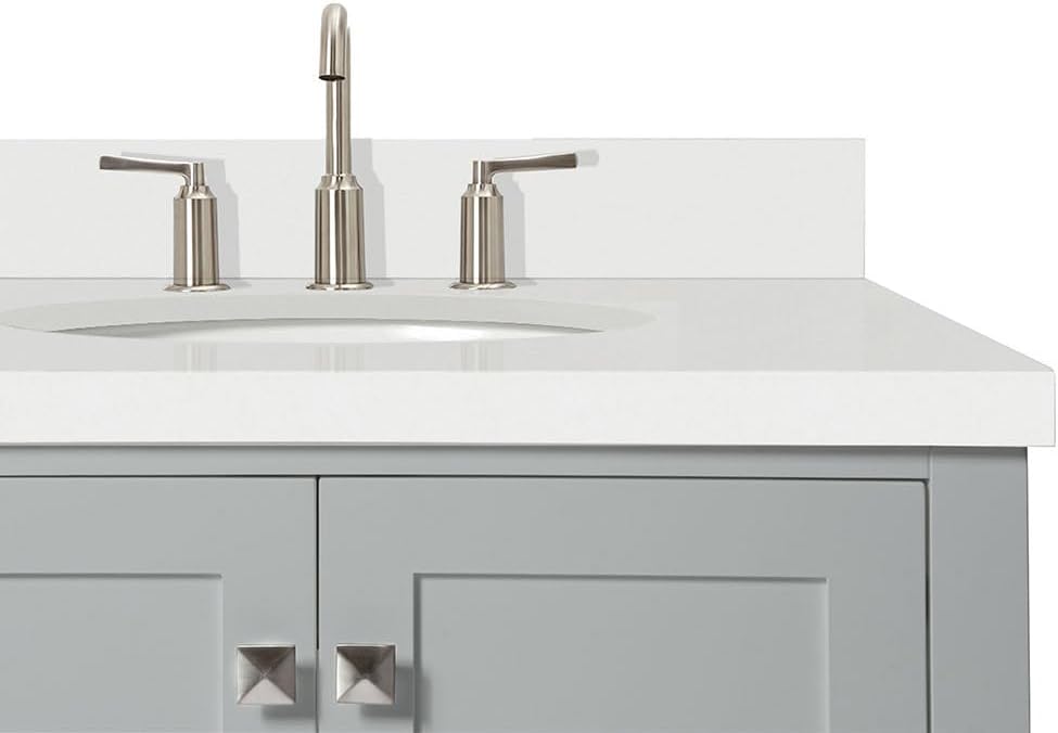 DKB Beckford 42-Inch Grey Bathroom Vanity with Sink, 1.5-Inch Pure White Quartz Countertop & Backsplash, Right Oval Sink, 2 Soft-Closing Doors, 5 Dovetail Drawers, Brushed Nickel Hardware