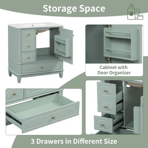 Bellemave 30' Bathroom Vanity with Ceramic Sink & 3 Drawers, Bathroom Cabinet with Storage Shelves & Solid Wood Base, Freestanding Vanity Cabinet with Soft-Close Door with Organizer (Light Green/30)