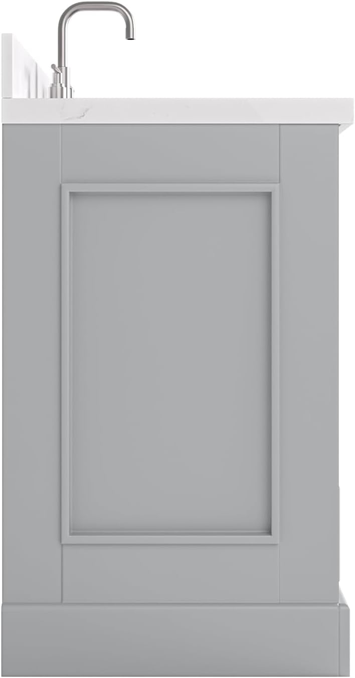 DKB Langford 42-inch Grey Bathroom Vanity with Right Rectangle Single Sink, Carrara White Quartz Countertop & Backsplash, Solid Wood Frame, Soft-Closing & Dovetail Drawers