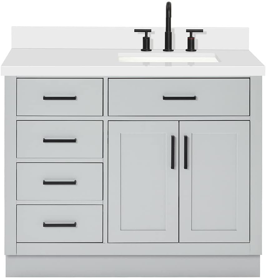 DKB Isabella 42-Inch Gray Single Bathroom Vanity with Sink, 1.5' Pure White Quartz Countertop, Right Rectangular Undermount Sink, Solid Wood Frame, 2 Soft-Close Doors, 5 Dovetail Drawers, Toe Kick