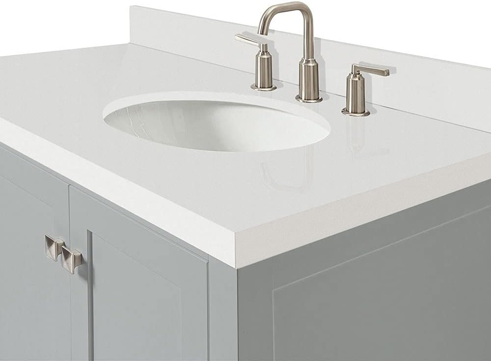 DKB Beckford 42-Inch Grey Bathroom Vanity with Sink, 1.5-Inch Pure White Quartz Countertop & Backsplash, Right Oval Sink, 2 Soft-Closing Doors, 5 Dovetail Drawers, Brushed Nickel Hardware