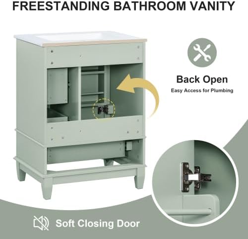 Bellemave Bathroom Vanity with Ceramic Sink & 3 Drawers, 24' Bathroom Cabinet with Storage Shelves & Solid Wood Base, Freestanding Vanity Cabinet with Organizer (Light Green/24)