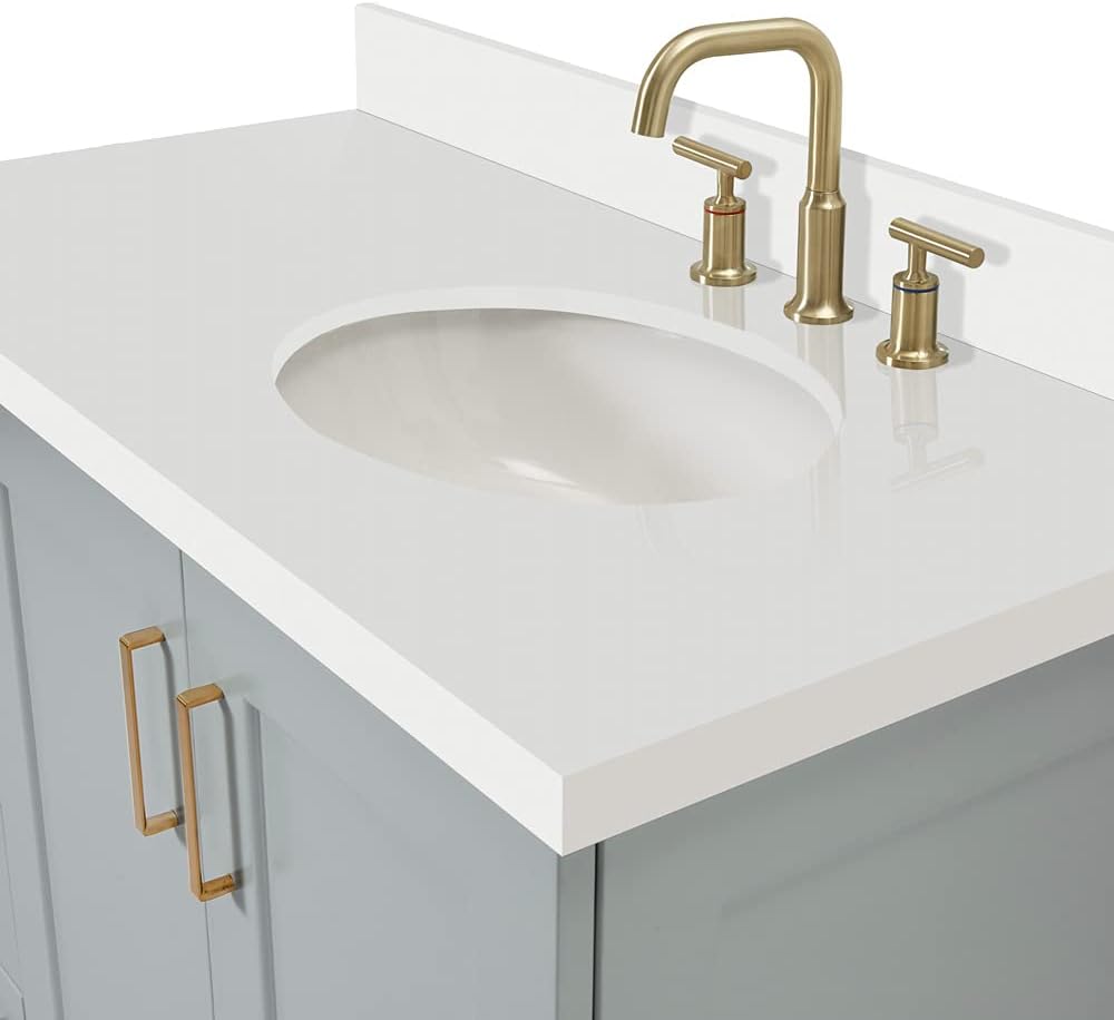 ARIEL Taylor 42-inch Bathroom Vanity with Sink,Solid Wood, 1.5-inch Pure White Quartz Countertop & Backsplash, Single Oval Porcelain Sink, 2 Soft Closing Doors, 5 Dovetail Drawers, Grey