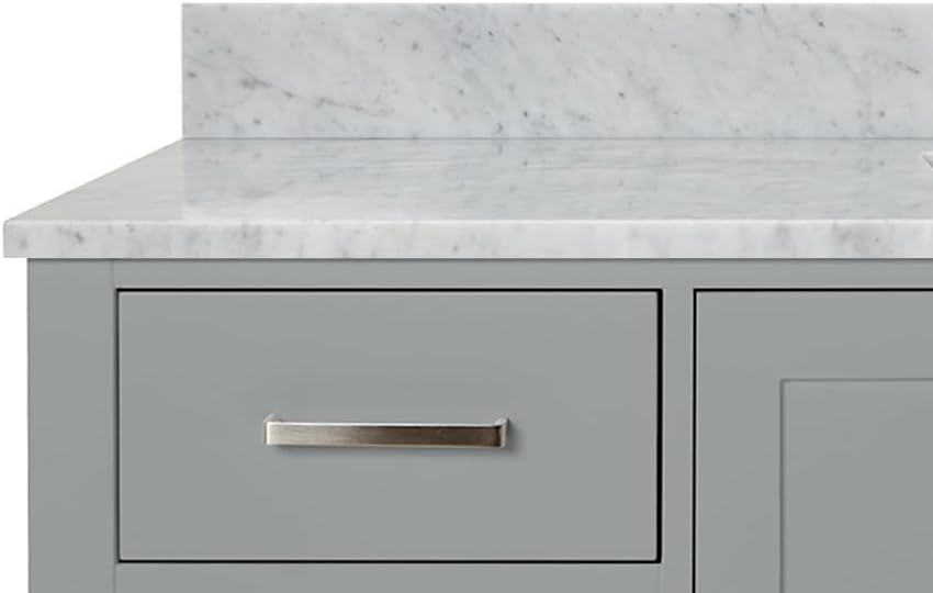 ARIEL Cambridge 60-inch Bathroom Vanity with Sink,Solid Wood, 0.75-inch Italian Carrara Marble Countertop, Single Rectangular Porcelain Sink, 2 Soft Closing Doors, 9 Dovetail Drawers, Grey