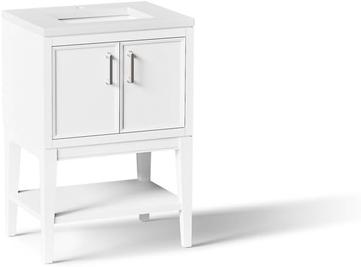Kohler Winnow 24 Inch Bathroom Vanity Cabinet with White Single Sink and Quartz Top, Modern Bathroom Vanity, White, K-33577-ASB-0