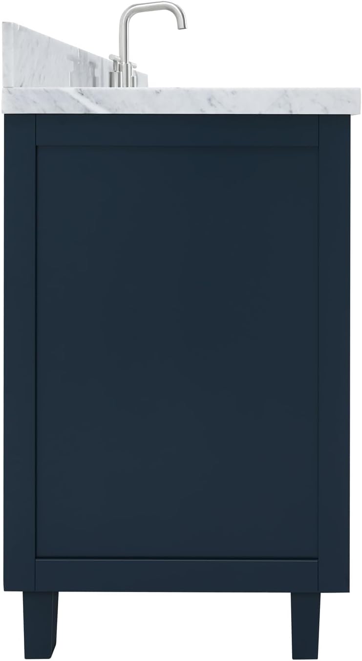 ARIEL Monroe 66-inch Bathroom Vanity with Sink,Solid Wood, 1.5-inch Italian Carrara Marble Countertop & Backsplash, Single Oval Porcelain Sink, 9 Dovetail Drawers, Midnight Blue