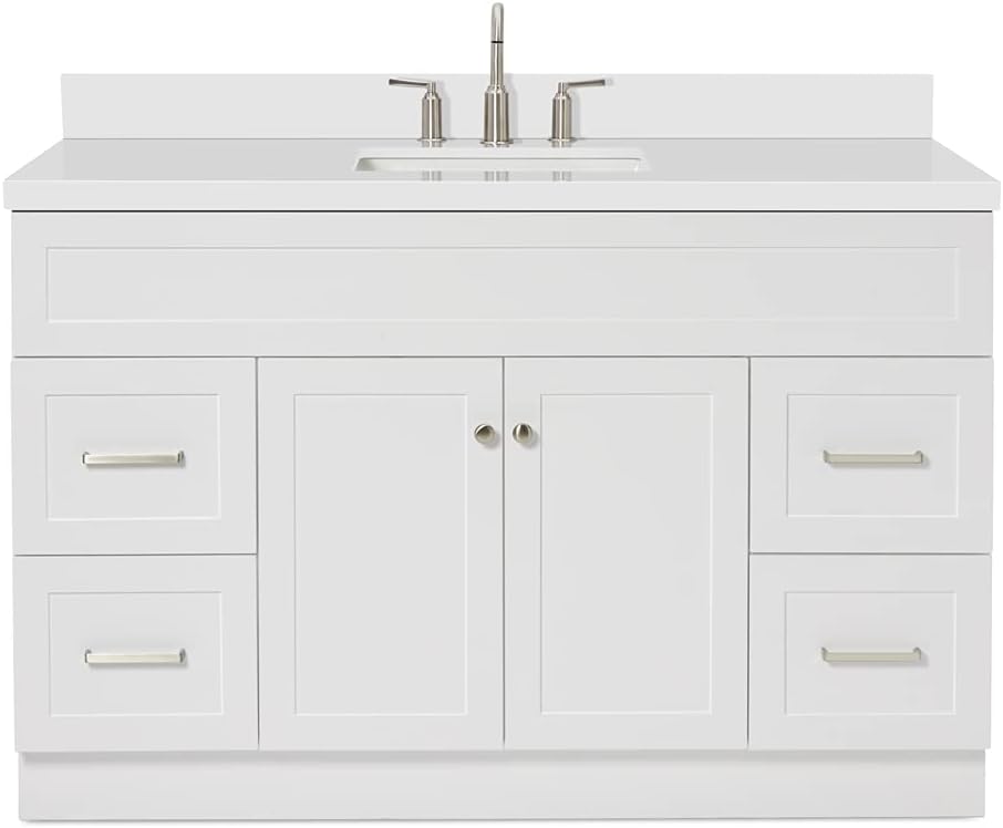 ARIEL Hamlet 54-inch Bathroom Vanity with Sink,Solid Wood, 1.5-inch Pure White Quartz Countertop & Backsplash, Single Rectangular Porcelain Sink, 2 Soft Closing Doors, 4 Dovetail Drawers, White