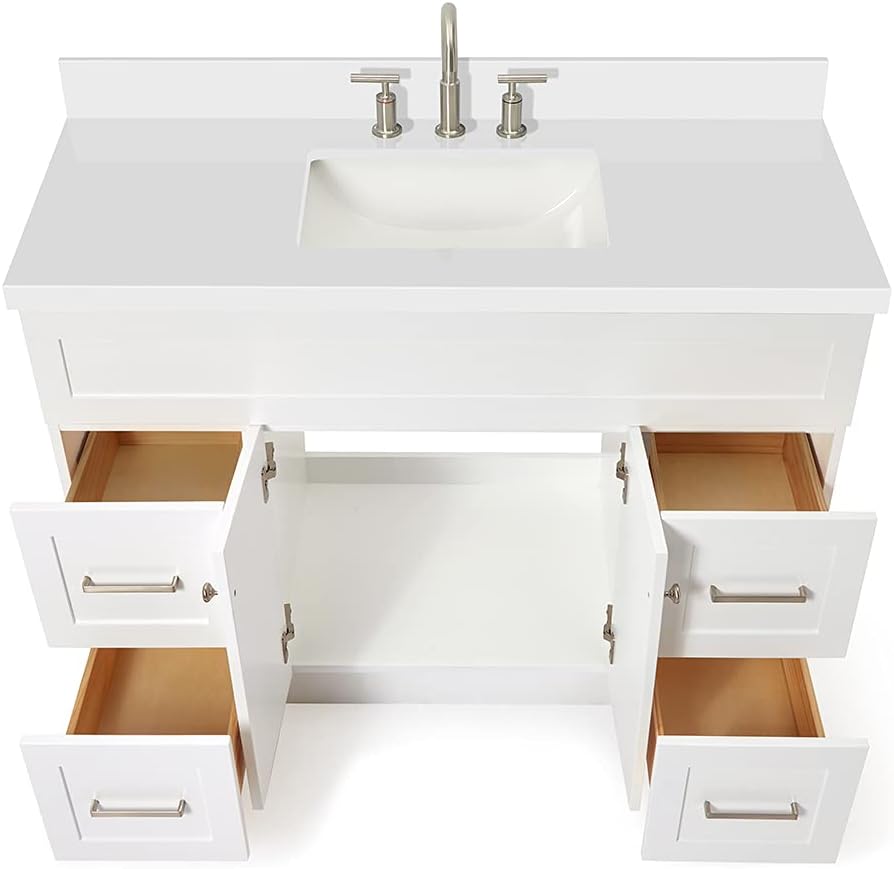 ARIEL Hamlet 48-inch Bathroom Vanity with Sink,Solid Wood, 1.5-inch Pure White Quartz Countertop & Backsplash, Single Rectangular Porcelain Sink, 2 Soft Closing Doors, 4 Dovetail Drawers, White