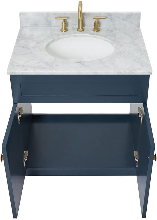 ARIEL Hamlet 30-inch Bathroom Vanity with Sink,Solid Wood, 0.75-inch Italian Carrara Marble Countertop & Backsplash, Single Oval Porcelain Sink, 2 Soft Closing Doors, Midnight Blue