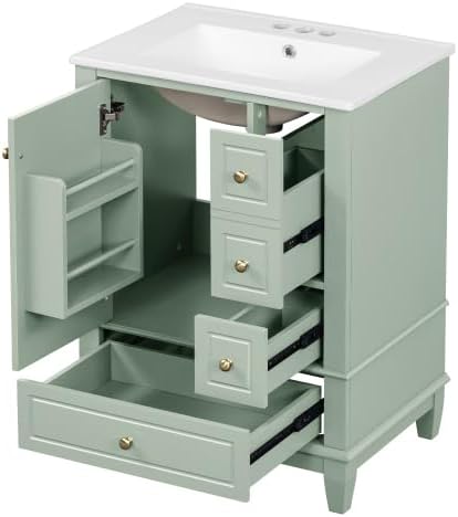 Bellemave Bathroom Vanity with Ceramic Sink & 3 Drawers, 24' Bathroom Cabinet with Storage Shelves & Solid Wood Base, Freestanding Vanity Cabinet with Organizer (Light Green/24)