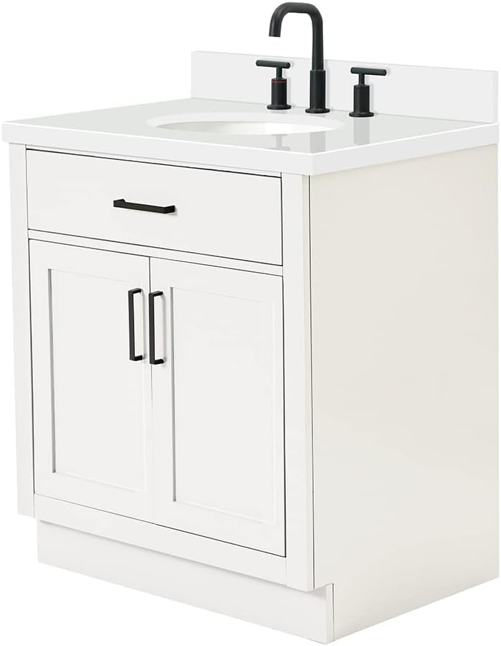 ARIEL Hepburn 30-inch Bathroom Vanity with Sink,Solid Wood, 1.5-inch Pure White Quartz Countertop & Backsplash, Single Oval Porcelain Sink, 2 Soft Closing Doors, 1 Dovetail Drawers, White