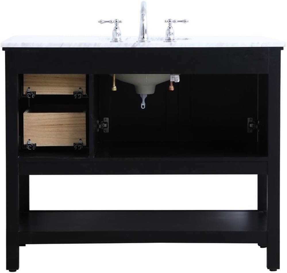 Pemberly Row Contemporary 42' Single Bathroom Vanity, Black Finish, Solid Poplar Wood Base, Carrara White Marble Top, Porcelain Undermount Sink, Soft-Close Drawers, Freestanding Design for Bathroom