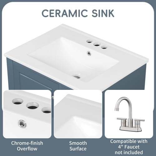 Bellemave Bathroom Vanity with Ceramic Sink & 3 Drawers, 24' Bathroom Cabinet with Storage Shelves & Solid Wood Base, Freestanding Vanity Cabinet with Organizer (Blue Gray/24)