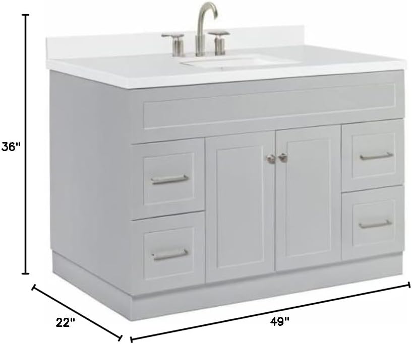 ARIEL Hamlet 48-inch Bathroom Vanity with Sink,Solid Wood, 1.5-inch Pure White Quartz Countertop & Backsplash, Single Rectangular Porcelain Sink, 2 Soft Closing Doors, 4 Dovetail Drawers, Grey