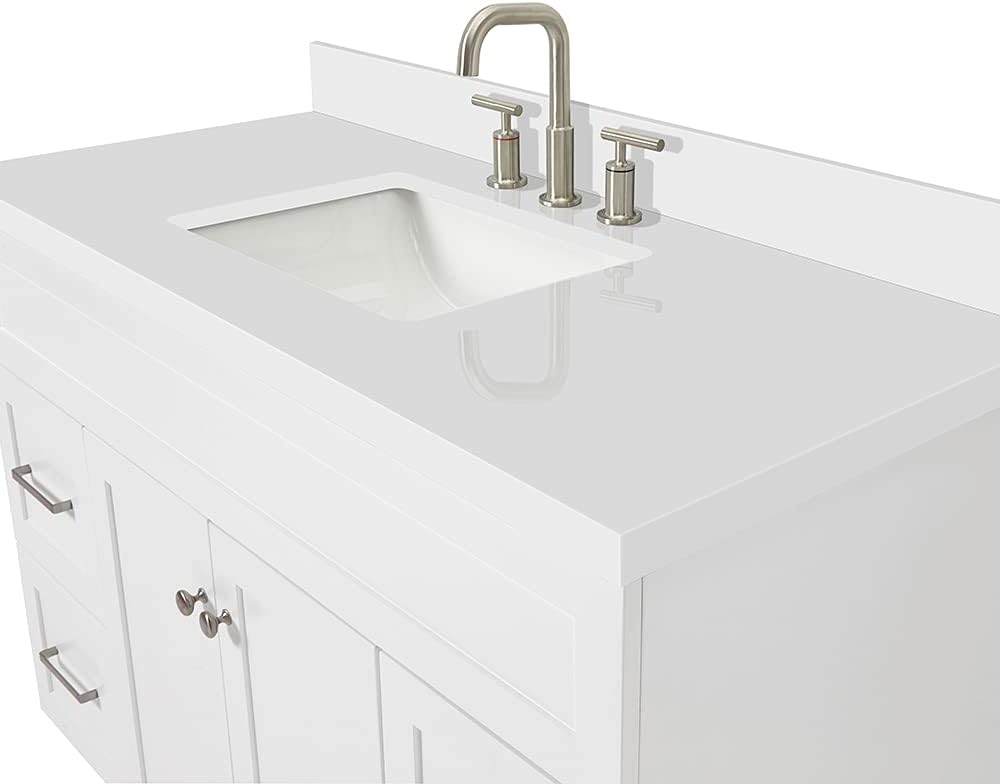 ARIEL Hamlet 48-inch Bathroom Vanity with Sink,Solid Wood, 1.5-inch Pure White Quartz Countertop & Backsplash, Single Rectangular Porcelain Sink, 2 Soft Closing Doors, 4 Dovetail Drawers, White