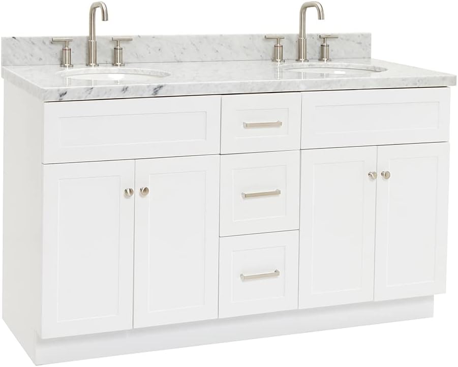 ARIEL Hamlet 60-inch Bathroom Vanity with Sink,Solid Wood, 1.5-inch Italian Carrara Marble Countertop & Backsplash, Double Oval Porcelain Sink, 4 Soft Closing Doors, 3 Dovetail Drawers, White