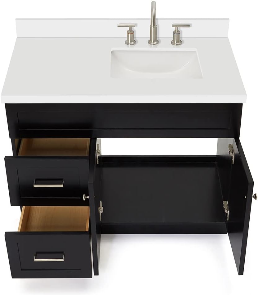 DKB Bradford 42' Black Single Bathroom Vanity with Sink, 1.5' Pure White Quartz Countertop, Rectangular Undermount Sink, Solid Wood Frame, 2 Soft-Closing Doors, 2 Dovetail Drawers