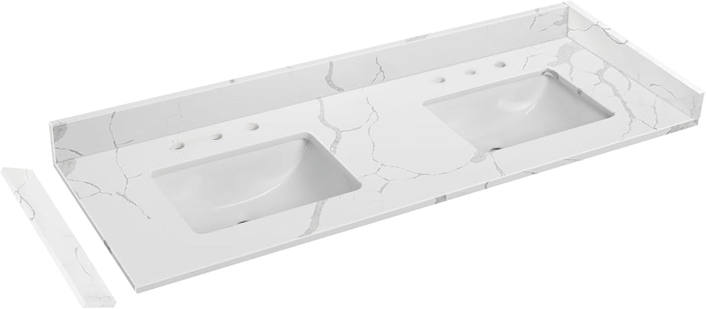 60 in.W x 22 in.D Quartz Calacatta River Vanity Top,with Undermount Double Sink Vanity Top,with Two Sidesplash & One Backsplash,8 Inch Faucet Hole Spread Bathroom Vanity Sink Countertop