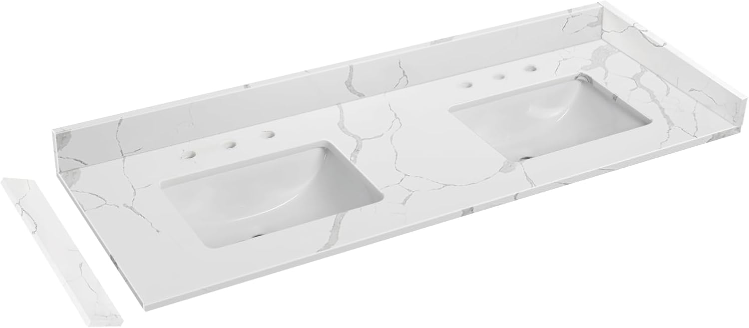 60 in.W x 22 in.D Quartz Calacatta River Vanity Top,with Undermount Double Sink Vanity Top,with Two Sidesplash & One Backsplash,8 Inch Faucet Hole Spread Bathroom Vanity Sink Countertop