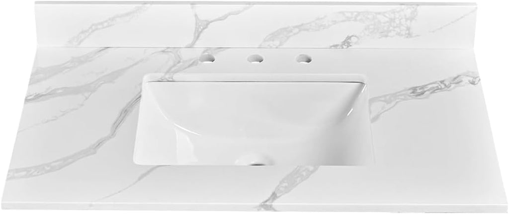 36 in. W x 22 in D Quartz Vanity Top in Calacatta Rocky, Vanity Sink Top with Assembled Single Drop-in Sink, Pre-Drilled Widespread Faucet Holes Countertop with 4' H Backsplash