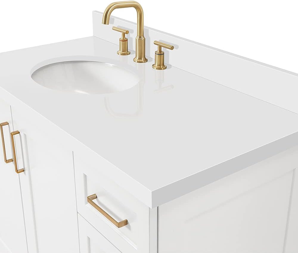 ARIEL Taylor 42-inch Bathroom Vanity with Sink,Solid Wood, 1.5-inch Pure White Quartz Countertop & Backsplash, Single Oval Porcelain Sink, 2 Soft Closing Doors, 5 Dovetail Drawers, White