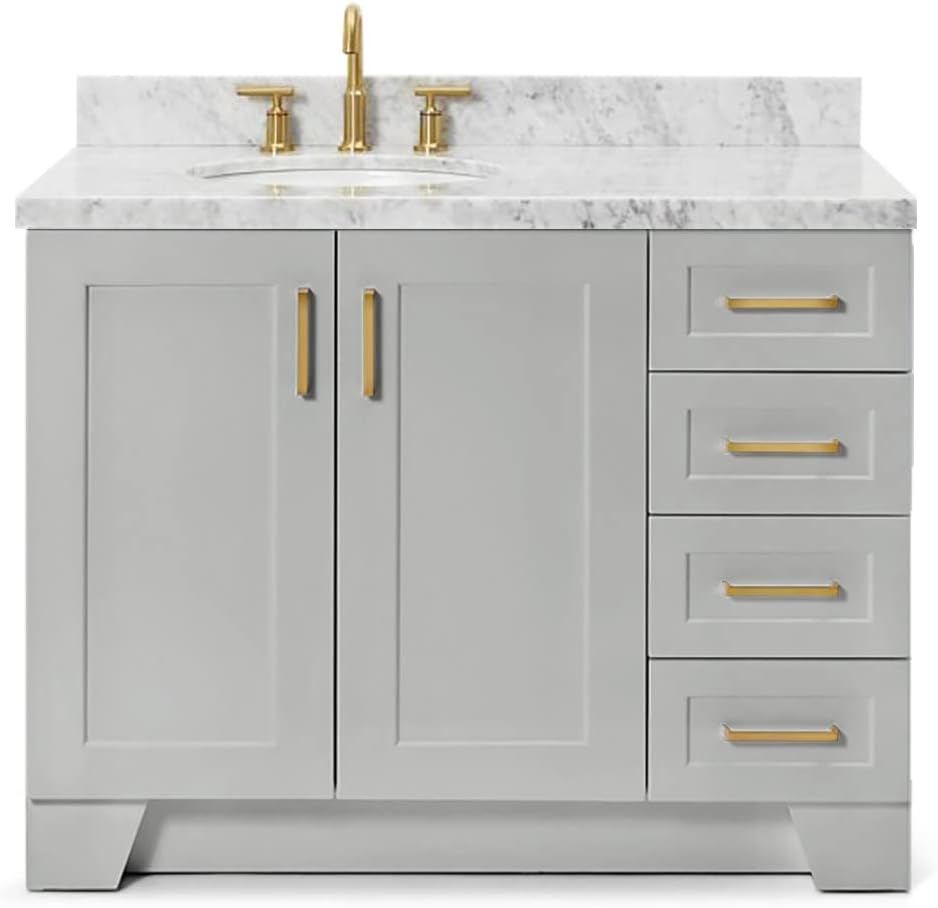 ARIEL Taylor 43 in. Left Offset Oval Sink Vanity with 1.5' Inch Carrara White Marble Countertop in Grey