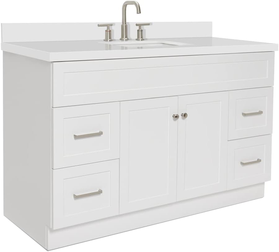 ARIEL Hamlet 54-inch Bathroom Vanity with Sink,Solid Wood, 1.5-inch Pure White Quartz Countertop & Backsplash, Single Rectangular Porcelain Sink, 2 Soft Closing Doors, 4 Dovetail Drawers, White