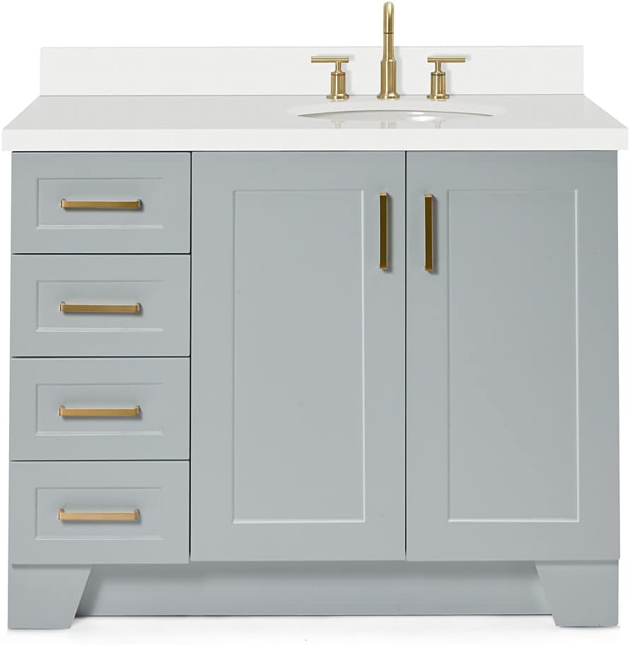 ARIEL Taylor 42-inch Bathroom Vanity with Sink,Solid Wood, 1.5-inch Pure White Quartz Countertop & Backsplash, Single Oval Porcelain Sink, 2 Soft Closing Doors, 5 Dovetail Drawers, Grey