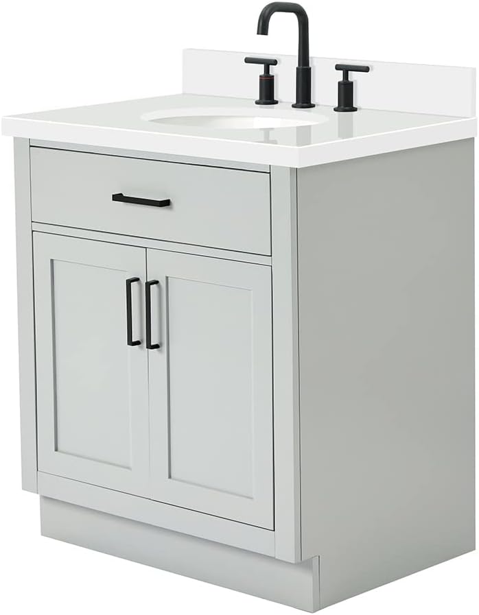 ARIEL Hepburn 30-inch Bathroom Vanity with Sink,Solid Wood, 1.5-inch Pure White Quartz Countertop & Backsplash, Single Oval Porcelain Sink, 2 Soft Closing Doors, 1 Dovetail Drawers, Grey