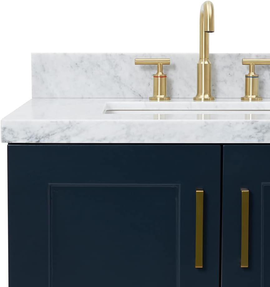 ARIEL Taylor 42-inch Bathroom Vanity with Sink,Solid Wood, 1.5-inch Italian Carrara Marble Countertop, Single Rectangular Porcelain Sink, 2 Soft Closing Doors, 5 Dovetail Drawers, Midnight Blue