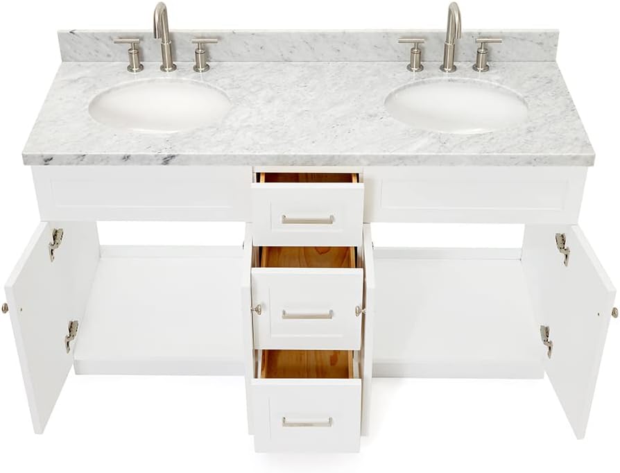 ARIEL Hamlet 60-inch Bathroom Vanity with Sink,Solid Wood, 1.5-inch Italian Carrara Marble Countertop & Backsplash, Double Oval Porcelain Sink, 4 Soft Closing Doors, 3 Dovetail Drawers, White