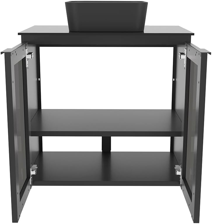 COZIMAX Umbu Combo Black Steel Bathroom Vanity Set 24' with Tempered Glass Countertop and Door, Black Square Ceramic Sink