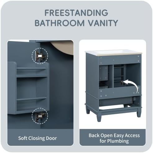 Bellemave Bathroom Vanity with Ceramic Sink & 3 Drawers, 24' Bathroom Cabinet with Storage Shelves & Solid Wood Base, Freestanding Vanity Cabinet with Organizer (Blue Gray/24)