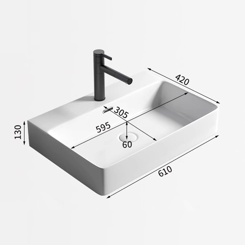 KINGWONG 24' Ceramic Vessel Sink | White Rectangular Bathroom Sink Above Counter or Wall Mounted | Large Porcelain Vanity Basin with Overflow Easy Clean Glossy Finish for Master Bath RV Farmhouse