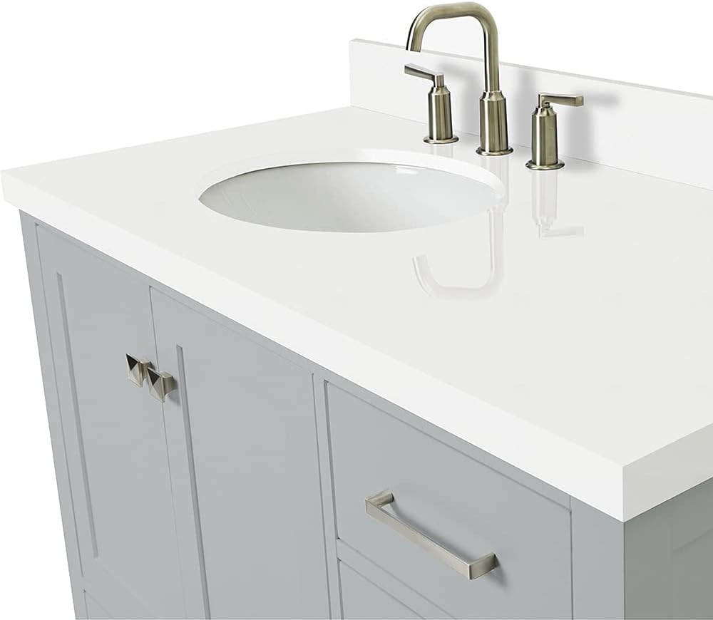 ARIEL Cambridge 42-inch Bathroom Vanity with Sink,Solid Wood, 1.5-inch Pure White Quartz Countertop & Backsplash, Single Oval Porcelain Sink, 2 Soft Closing Doors, 5 Dovetail Drawers, Grey