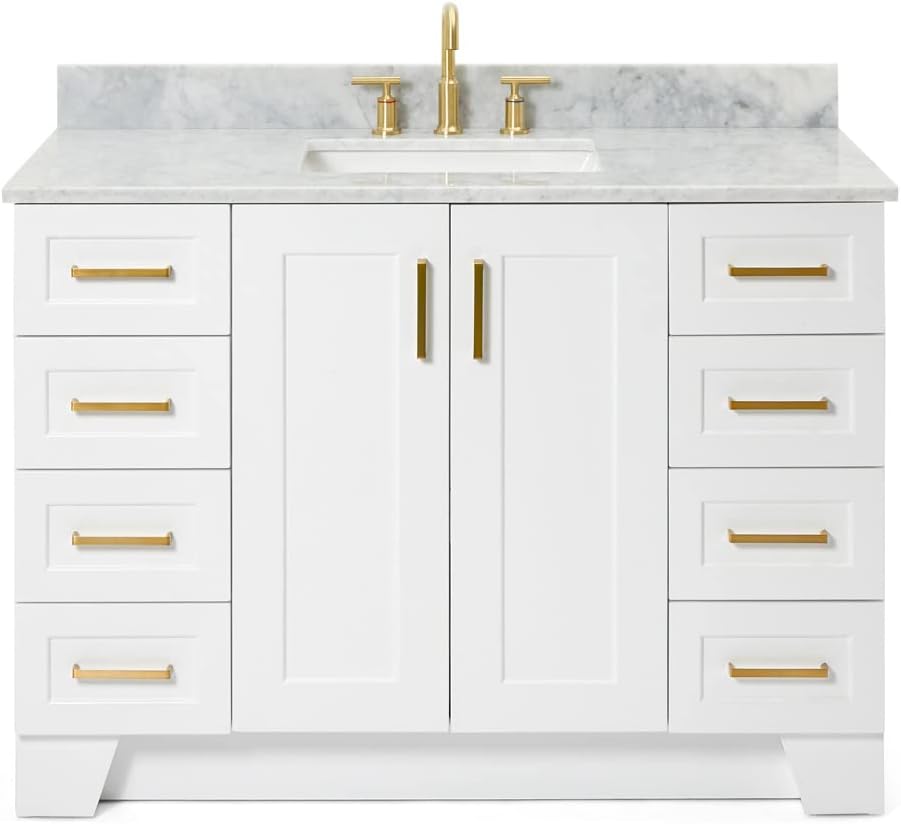 ARIEL Taylor 48-inch Bathroom Vanity with Sink,Solid Wood, 0.75-inch Italian Carrara Marble Countertop, Single Rectangular Porcelain Sink, 2 Soft Closing Doors, 9 Dovetail Drawers, White