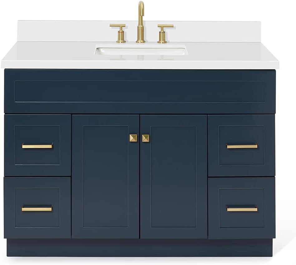 ARIEL Hamlet 48-inch Bathroom Vanity with Sink,Solid Wood, 1.5-inch Pure White Quartz Countertop, Single Rectangular Porcelain Sink, Soft Closing Doors, Dovetail Drawers, Midnight Blue