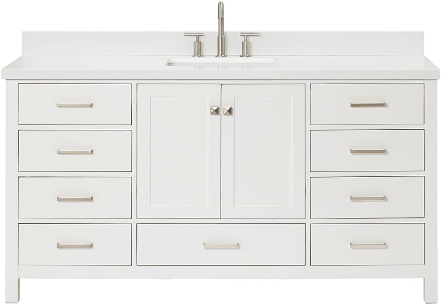 ARIEL Cambridge 66-inch Bathroom Vanity with Sink,Solid Wood, 1.5-inch Pure White Quartz Countertop & Backsplash, Single Rectangular Porcelain Sink, 2 Soft Closing Doors, 9 Dovetail Drawers, White