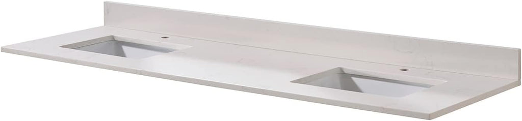 Pemberly Row Modern 73' Composite Stone Double Vanity Top, White Finish, Fits 72' W x 21' D Vanity Cabinet, Includes 2 Undermount Ceramic Basins, Pre-Drilled Faucet Holes, Matching 4' Backsplash