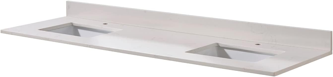 Pemberly Row Modern 73' Composite Stone Double Vanity Top, White Finish, Fits 72' W x 21' D Vanity Cabinet, Includes 2 Undermount Ceramic Basins, Pre-Drilled Faucet Holes, Matching 4' Backsplash