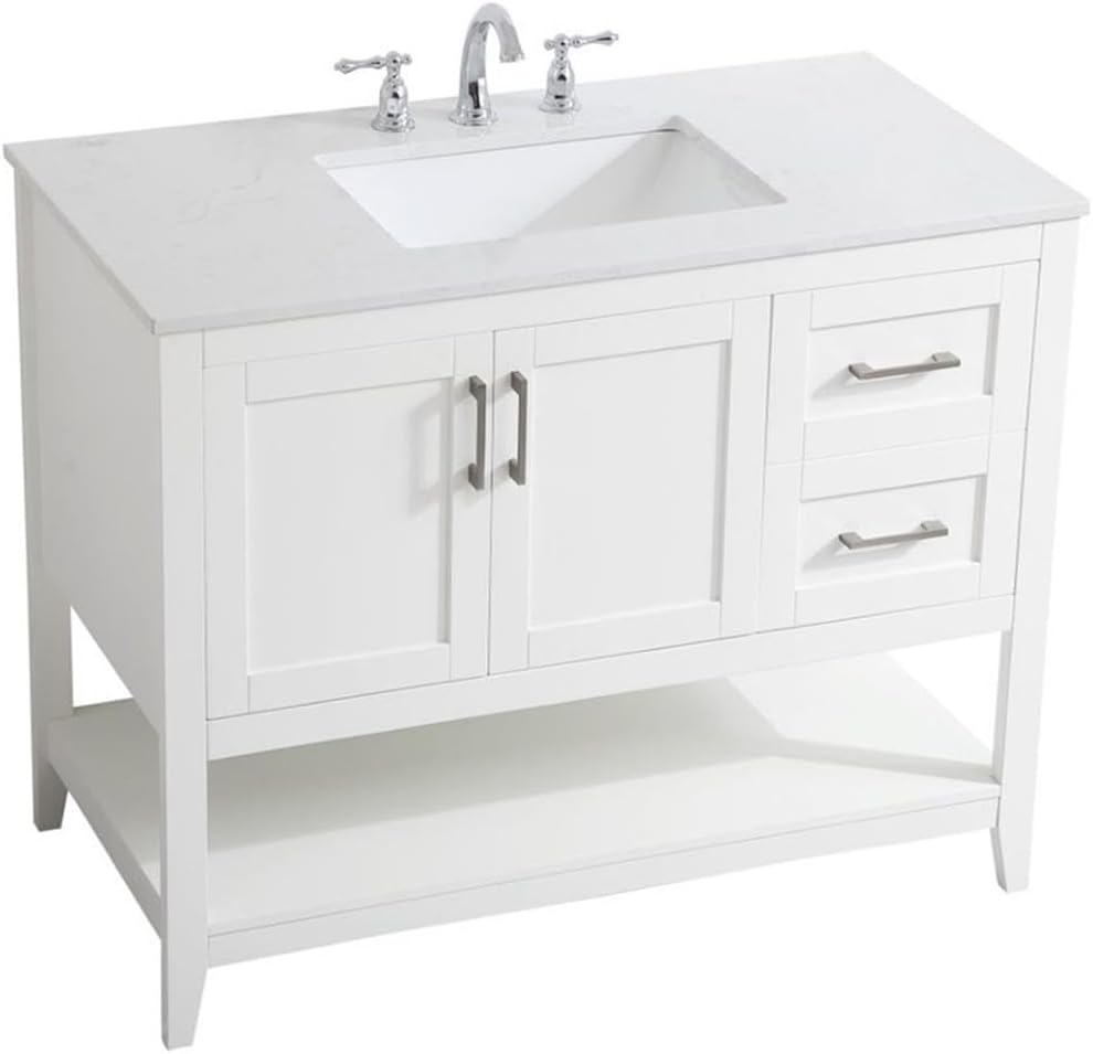 Pemberly Row Traditional 42' Bathroom Vanity, White Finish, Quartz Top with Undermount Porcelain Sink, Solid Wood and MDF Construction, Free-Standing, Storage Cabinet and Bottom Shelf, Brushed Nickel