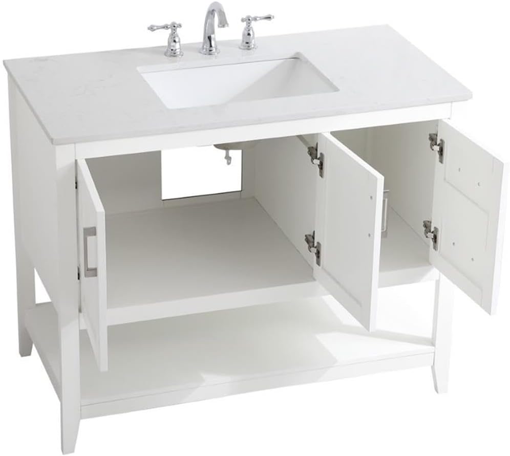 Pemberly Row Traditional 42' Bathroom Vanity, White Finish, Quartz Top with Undermount Porcelain Sink, Solid Wood and MDF Construction, Free-Standing, Storage Cabinet and Bottom Shelf, Brushed Nickel