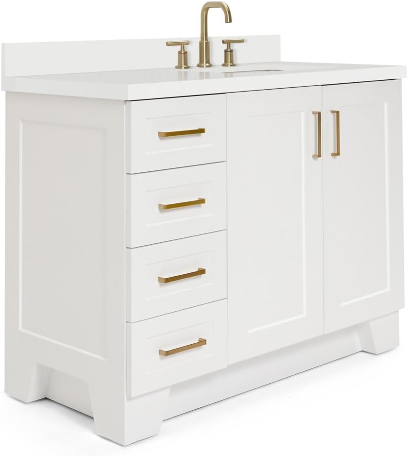 ARIEL Taylor 42-inch Bathroom Vanity with Sink,Solid Wood, 1.5-inch Pure White Quartz Countertop, Single Rectangular Porcelain Sink, Soft Closing Doors, Dovetail Drawers, White