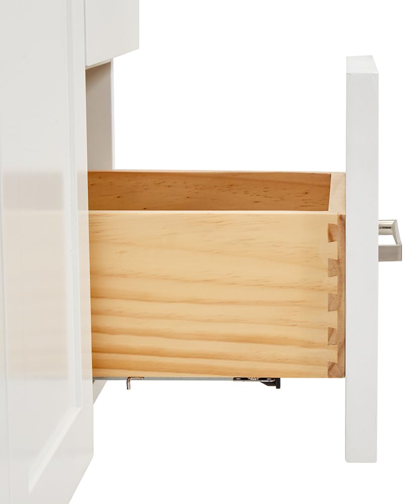 DKB Bradford 36' White Single Bathroom Vanity with Sink, 1.5' Edge Italian Carrara Marble Countertop, Oval Sink, Solid Wood Frame, 2 Soft Closing Doors, 2 Dovetail Drawers, Satin Brass